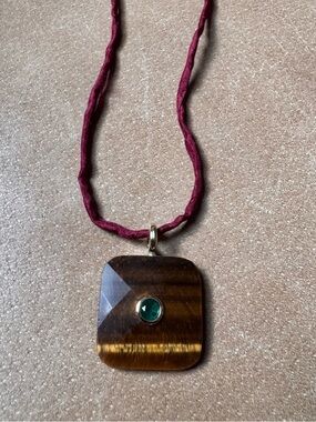 Tigers Eye Pendant Necklace w Green cz emerald on hand dyed silk Burgundy Cord